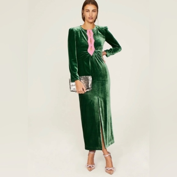 slim fit dress slacks Camille Velvet Embellished Bows Dress in Green – SALONI main image 1